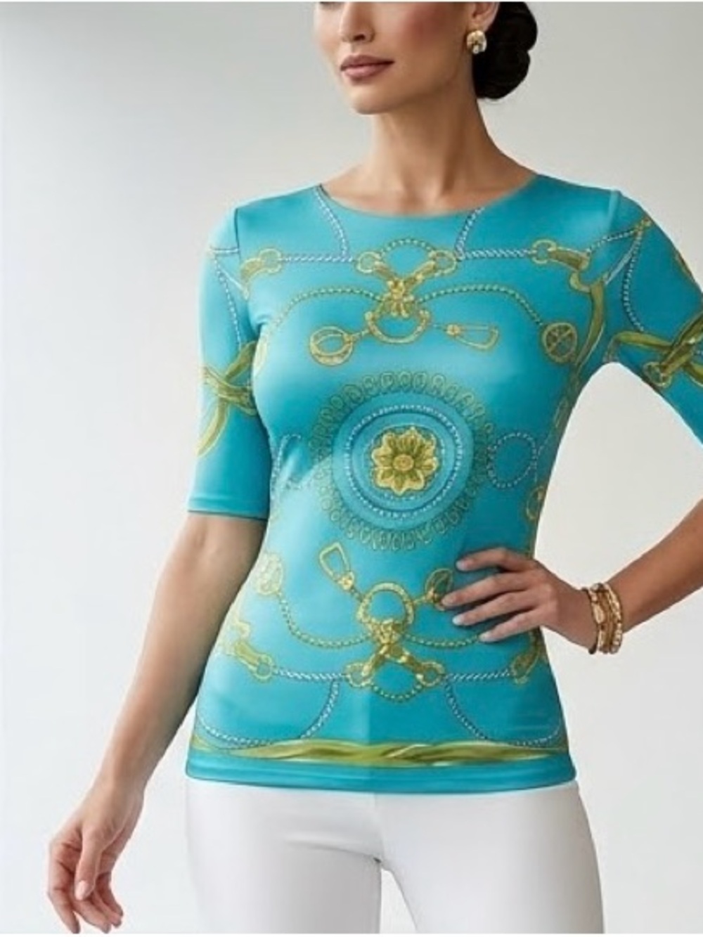 Charter Club Turquoise & Gold Medallion Stretch Short Sleeve Top